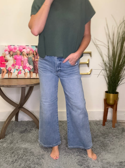 High Rise Tummy Control Cropped Wide Leg Jeans With Bow Waistband