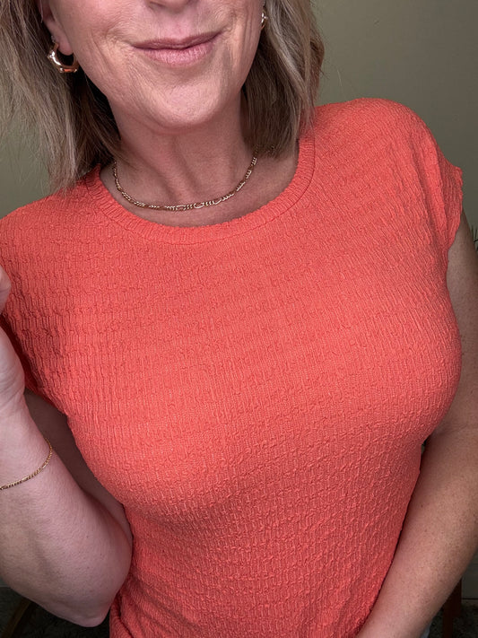 Crew Neck Textured Knit Top in Coral