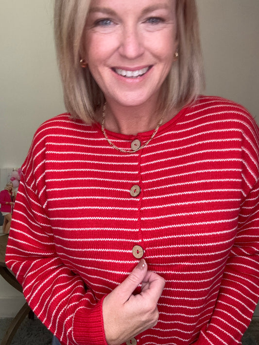 Rally for Red Striped Button Down Cardigan