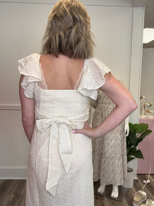 wrap front eyelet fabric ruffle sleeve ivory dress mystree
