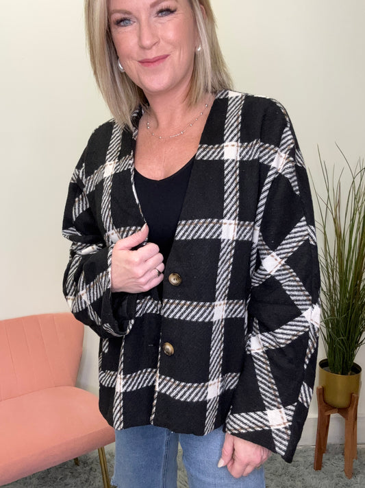 Oversized plaid black white cardigan button front pockets hyfve double zero boutique
