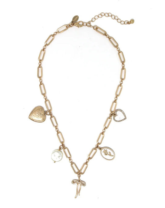 Gold Heart, Pearl, and Bow Charm Necklace