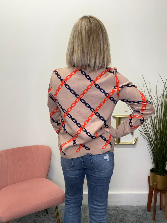 Chain Print Sweater orange navy tan thml soft high quality sale