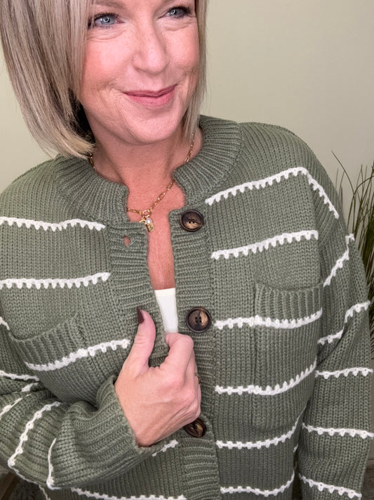 Staccato olive green white scallop button front pockets fall cardigan Roanoke Indiana 