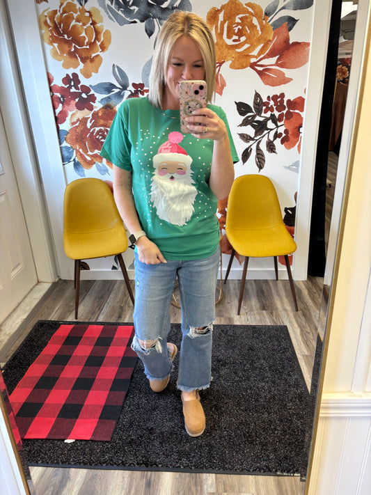 Branded cotton green kelly vintage Santa graphic tee holiday Christmas pink sparkly ball