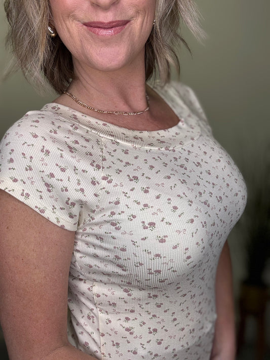 Ditsy Floral Print Rib Knit Top in Ivory - Ella Chic Boutique