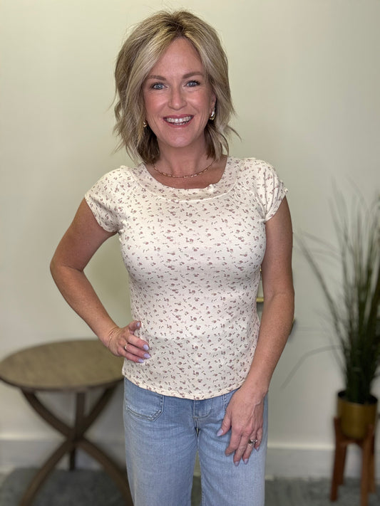 Ditsy Floral Print Rib Knit Top in Ivory - Ella Chic Boutique