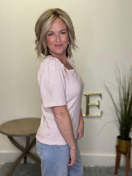 Red Striped Square Neck Short Sleeve Tee - Ella Chic Boutique