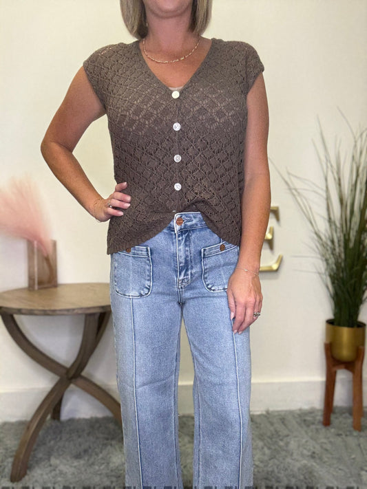 High Rise Crop Wide Jeans With Pintuck And Patch Pocket