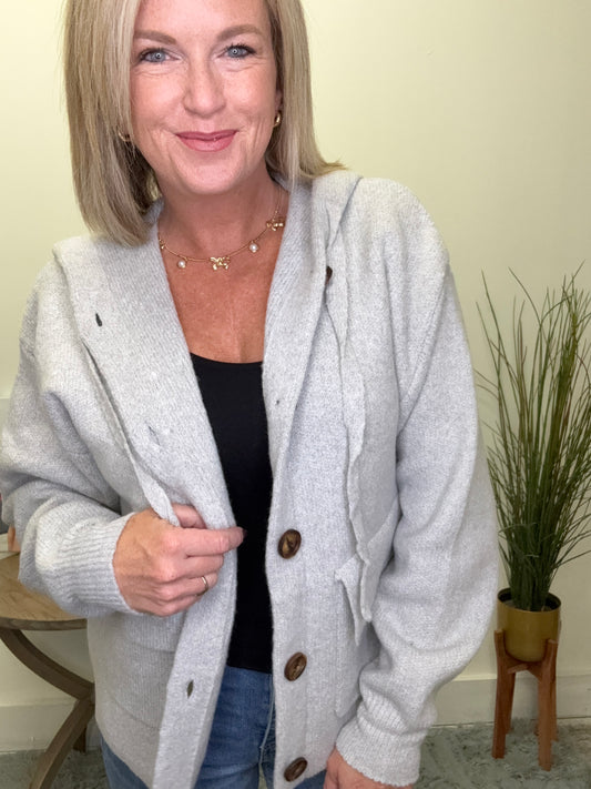 Button Down Hoodie Sweater Jacket in Gray