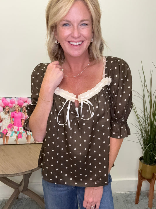 Elegant Lace and Ribbon Polka Dot Top