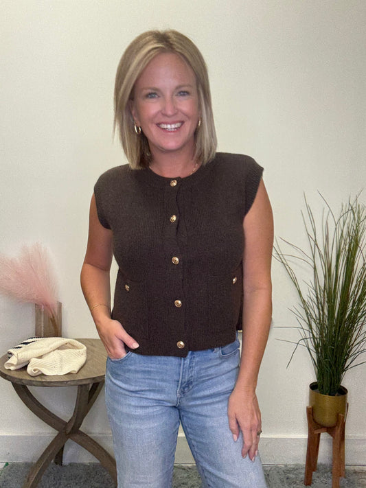 Gold Button Sleeveless Knit Vest Top