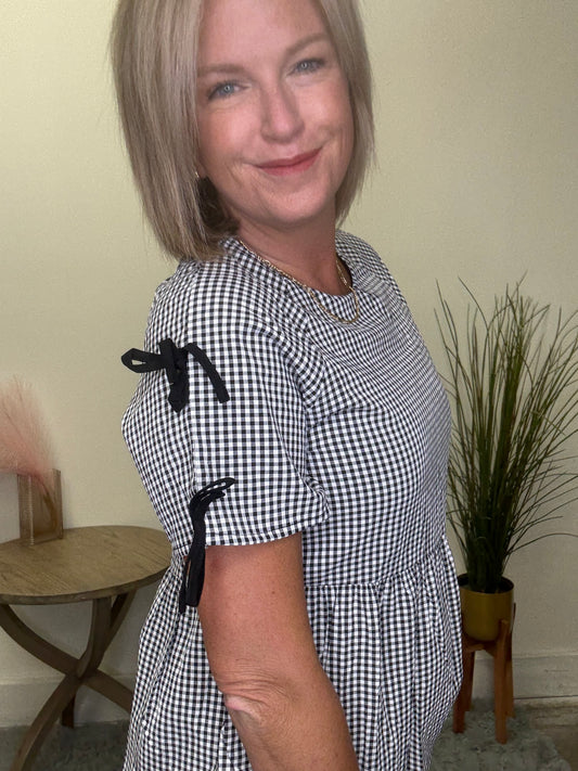 Contrast Ribbon Gingham Babydoll Top - Ella Chic Boutique