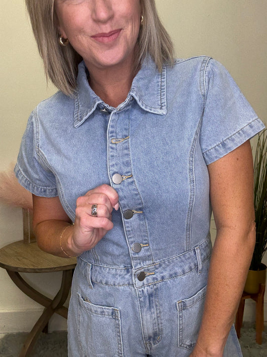 Polagram baevely denim jean light wash romper jumpsuit snap front shorts