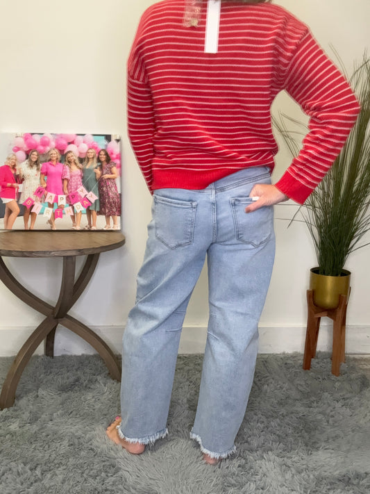 Mid Rise Crop Barrel Lightwash Jeans by Risen frayed hem 27 inch inseam