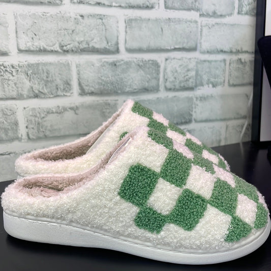 Cozi Sherpa Slippers in Green Checkerboard - Ella Chic Boutique