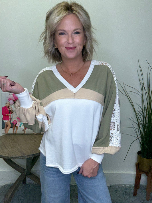 French Lace Colorblock V-Neck Top
