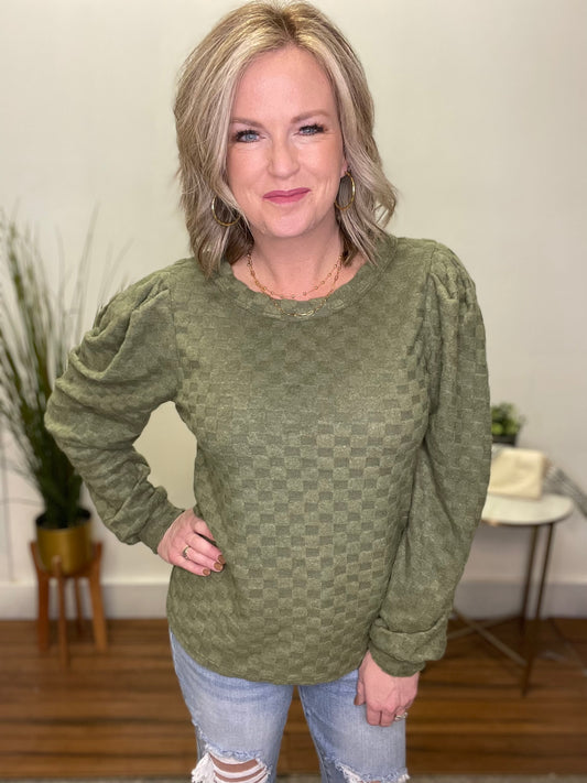 Check It Out Puff Sleeves Top - Olive Green