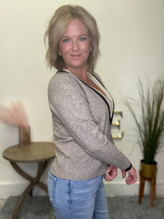 Varsity Contrast V-Neck Sweater - Ella Chic Boutique
