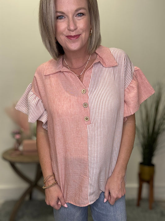 Solid and Stripe Woven Top in Peach