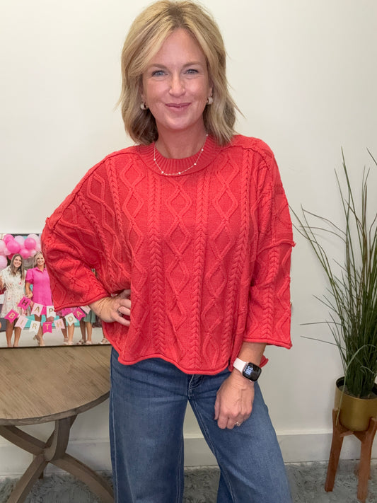 Dusty Red Cable Knit Sweater Top