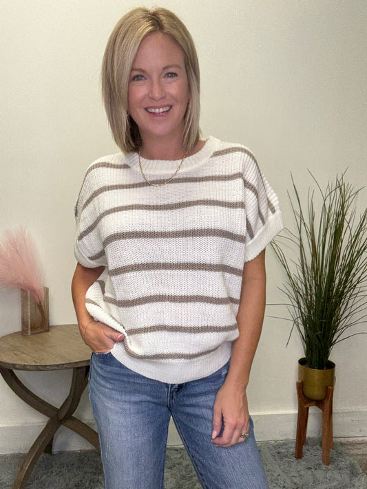 Hyfve double zero striped sweater short sleeve knit ivory white fall clothes boutique free shipping