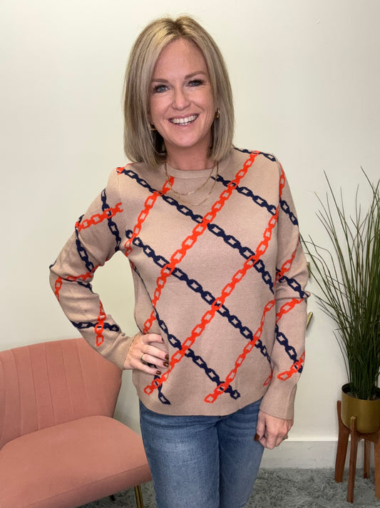 Chain Print Sweater orange navy tan thml soft high quality sale