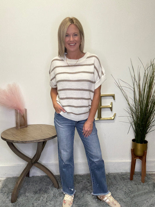 Hyfve double zero striped sweater short sleeve knit ivory white fall clothes boutique free shipping