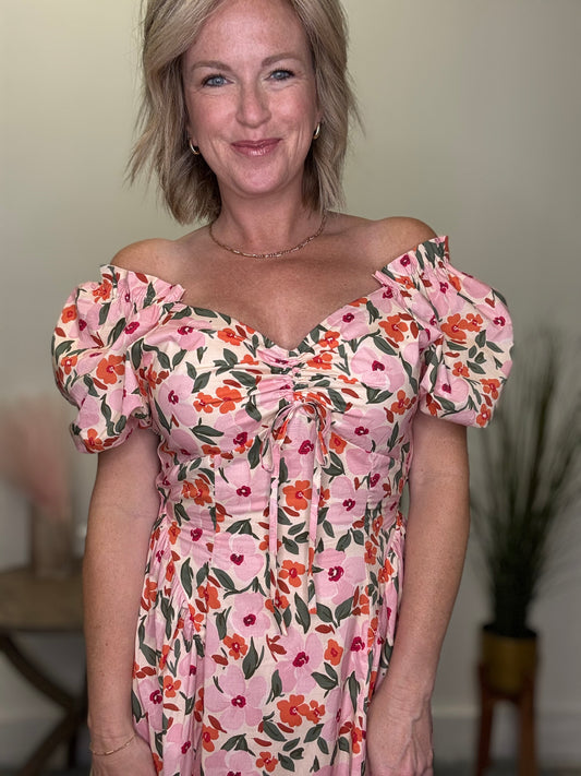 Very j new in floral print blush red maxi dress sweetheart neckline short puff sleeves open back tie
