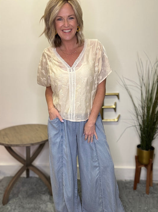 Chambray Paperbag Elastic Waist Wide Leg Pants - Ella Chic Boutique