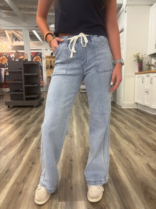 High Rise Pull On Jeans with Tie Elastic Waist