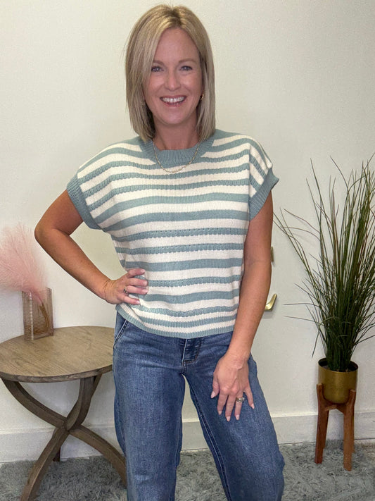 Polagram Baevely Seafoam striped short sleeve knit sweater top
