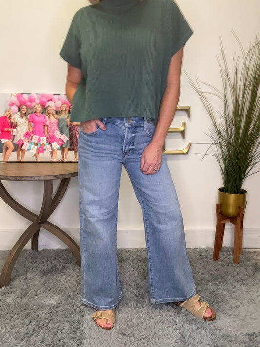 High Rise Tummy Control Cropped Wide Leg Jeans With Bow Waistband Risen Jeans light wash 27 in inseam