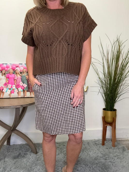 Houndstooth mini skirt in olive print pockets Mikarose knee length fall