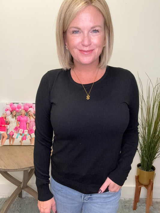 Long Sleeve Crew Neck Basic Sweater in Black