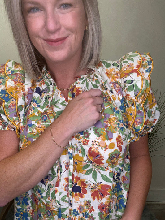 Floral Print Ruffled Tie Neck Top - Ella Chic Boutique