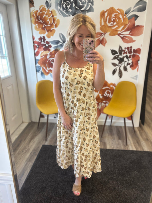 Collyns Tank Dress in Walnut Floral Mikarose Midi Tiered Daisies Creams Browns