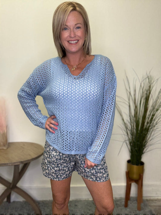 Doe and Rae open knit light blue sweater v-neck long sleeve top boutique Roanoke