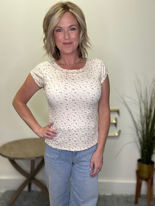 Ditsy Floral Print Rib Knit Top in Ivory - Ella Chic Boutique