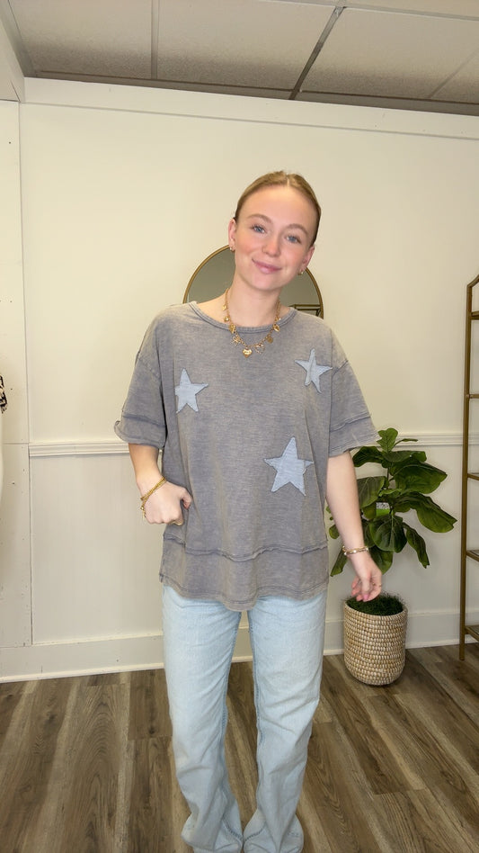 Steel Gray Short Sleeve Star Patch Tee Shirt