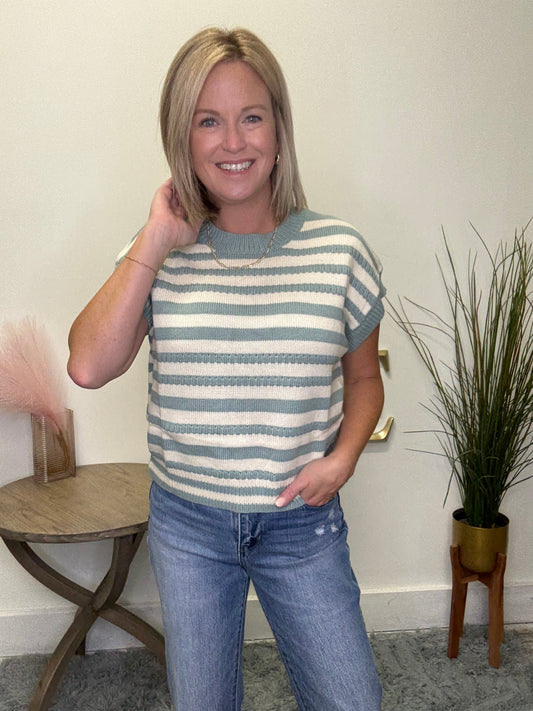 Polagram Baevely Seafoam striped short sleeve knit sweater top