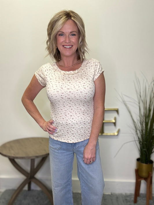 Ditsy Floral Print Rib Knit Top in Ivory
