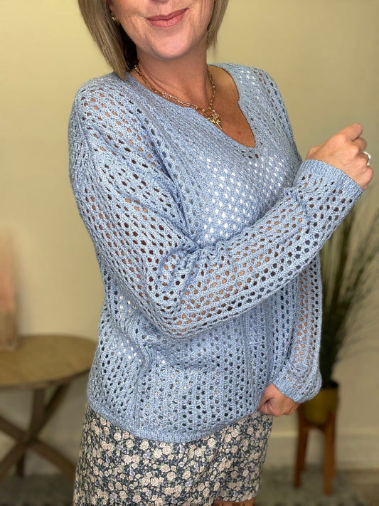 Doe and Rae open knit light blue sweater v-neck long sleeve top boutique Roanoke