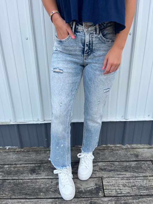 Lovervet vintage High Rise Stone wash frayed hem distressed stretch jeans