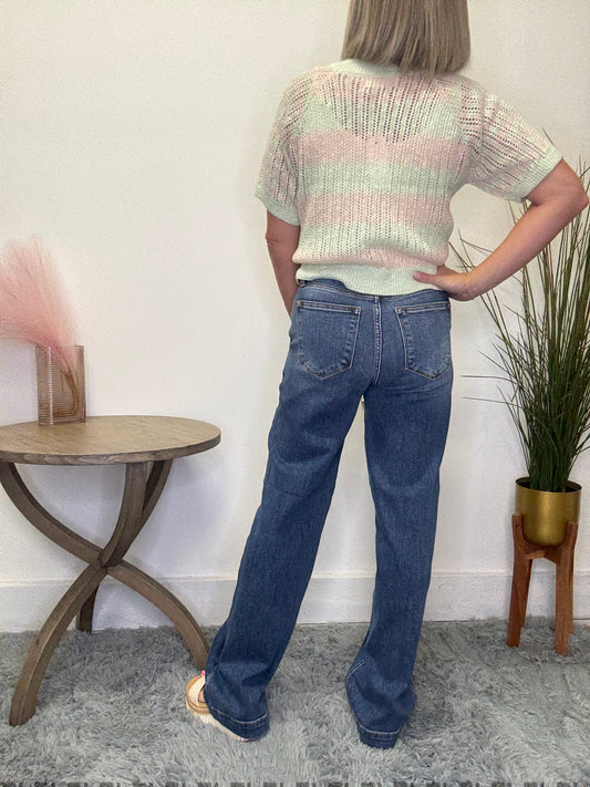 Judy blue high waist double button trouser wide leg jeans dark wash 