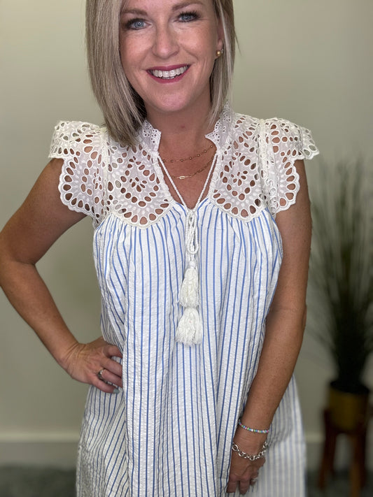 Entro pinstripe blue white dress with lace detail Roanoke Indiana boutique