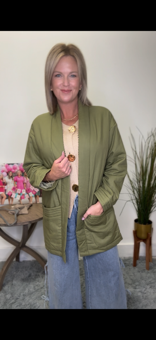 Open Front Longer Olive Jacket - Ella Chic Boutique