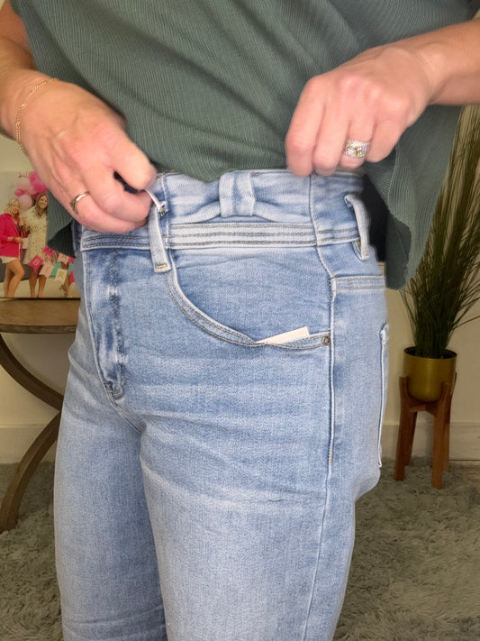 High Rise Tummy Control Cropped Wide Leg Jeans With Bow Waistband