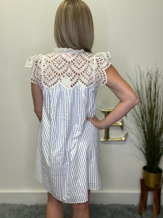 Entro pinstripe blue white dress with lace detail Roanoke Indiana boutique