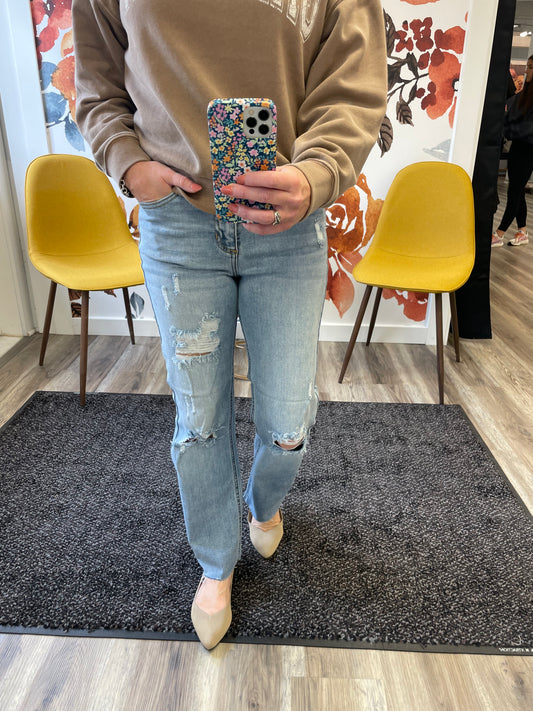High Rise Straight Jeans with Stretch and Light Distressing - Ella Chic Boutique